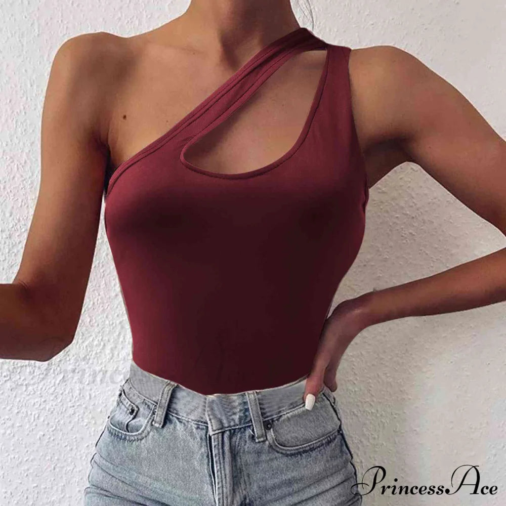 One Shoulder Cutout Cami Wine clothes one shoulder shirt Ship From Overseas shirt shirts tops Y.M