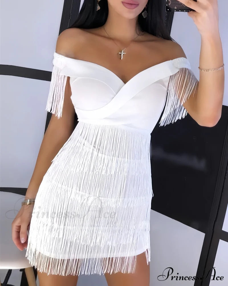 One Shoulder Fringe Slim Fit Bodycon Dress In Black S / White Bodycon Dress