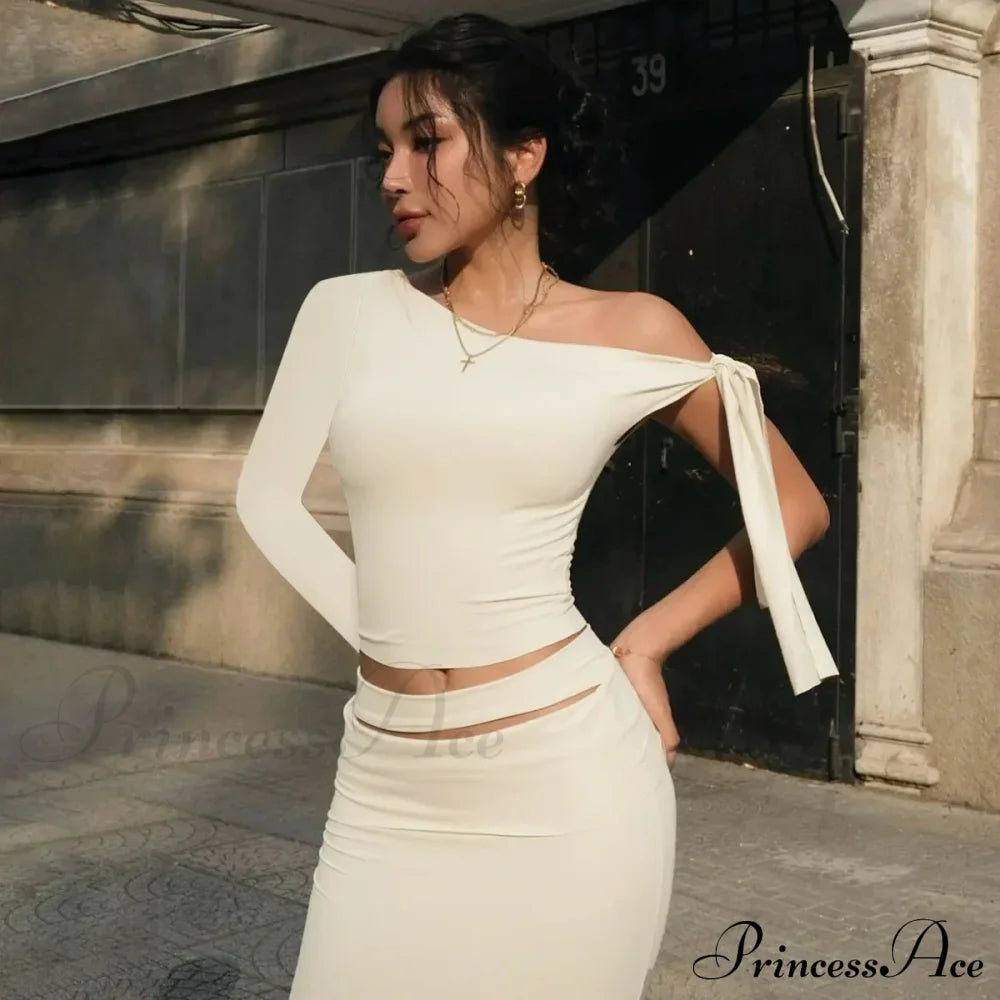 One Shoulder Long Charming Sleeve Tie Up Top Lace Tees