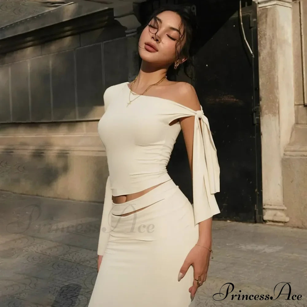 One Shoulder Long Charming Sleeve Tie Up Top Lace Tees