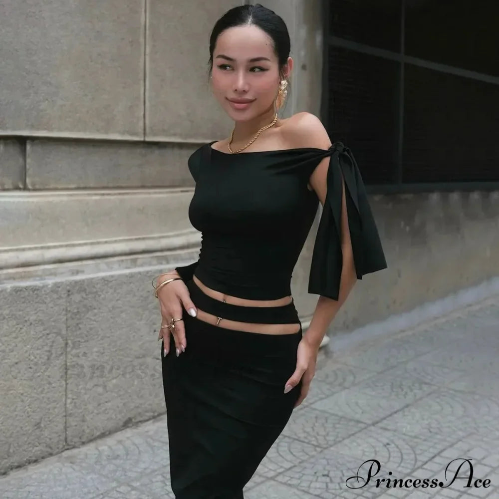 One Shoulder Long Charming Sleeve Tie Up Top Lace Tees