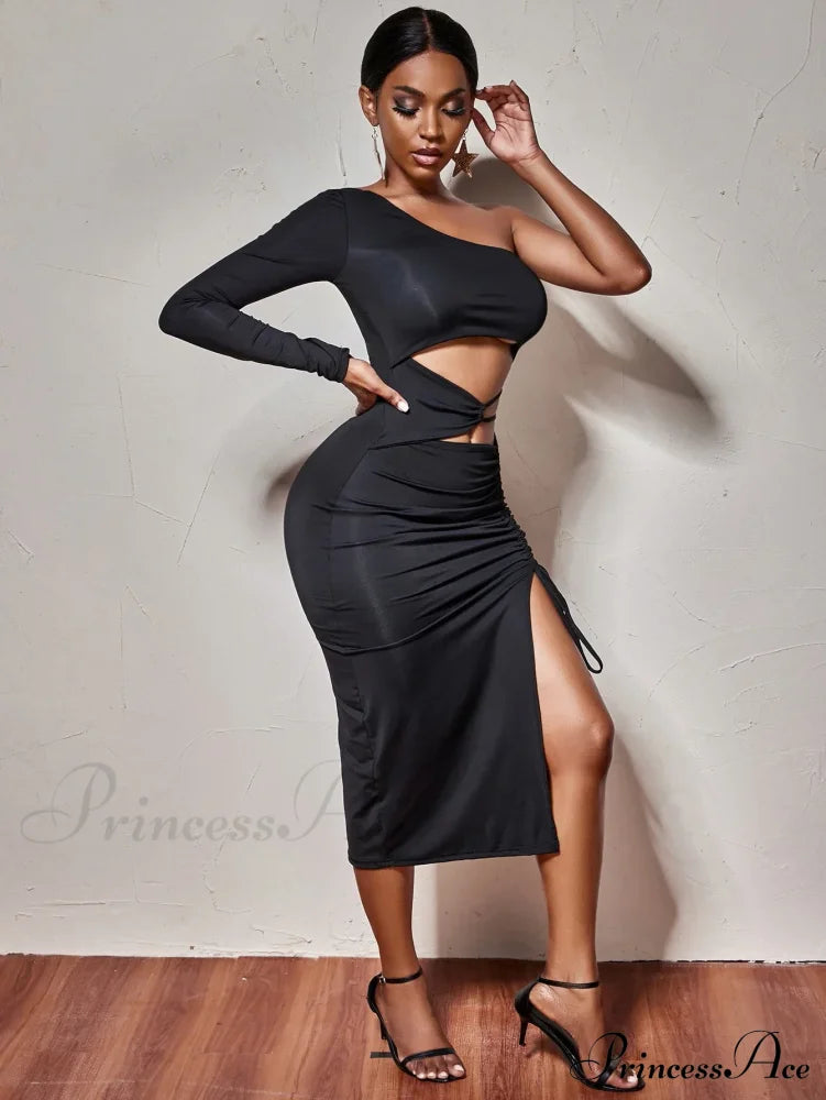 One Shoulder Long Sleeved Hollow High Split Wrapping Nightclub Cut Out Dress