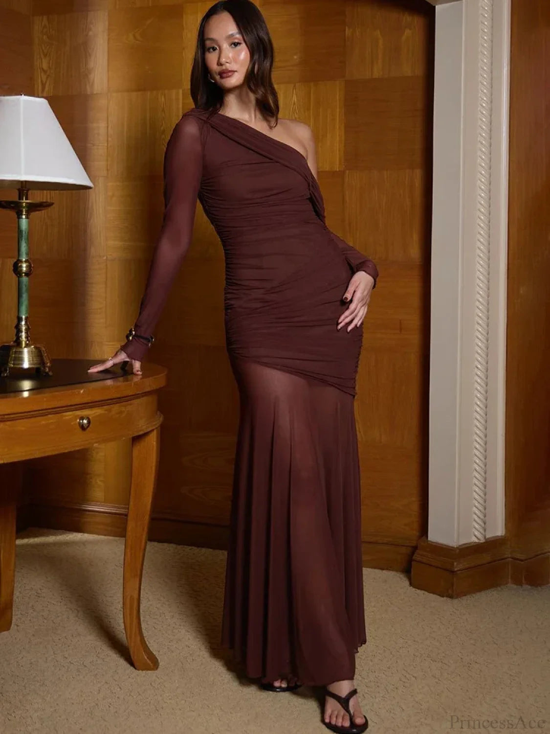 One Shoulder Mesh Maxi Vacation Dress Coffee / S vacationdress-250223