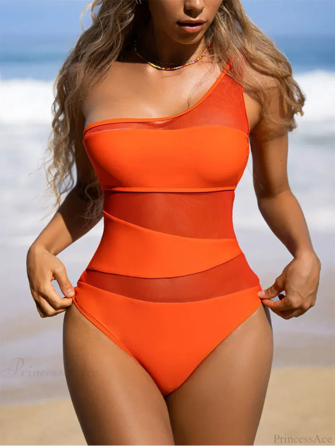 One Shoulder Mesh Monokini Swimsuit One Piece ORANGE / S onepiece-250223