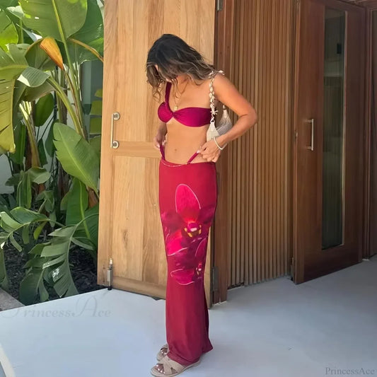One Shoulder Micro Skirt Three Piece Swimsuit red / S