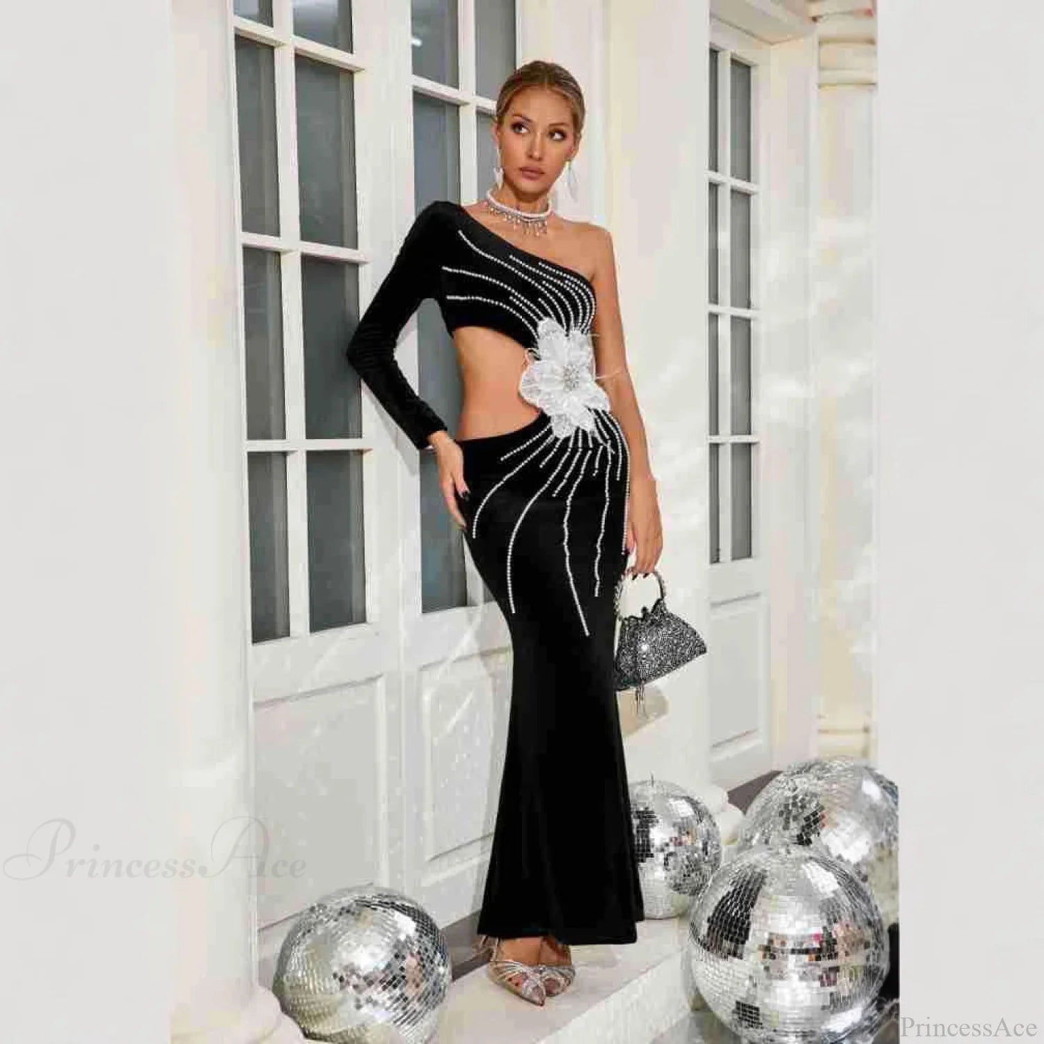 One Shoulder Pearl Embellished Elegant Prom Dress promdress-250223