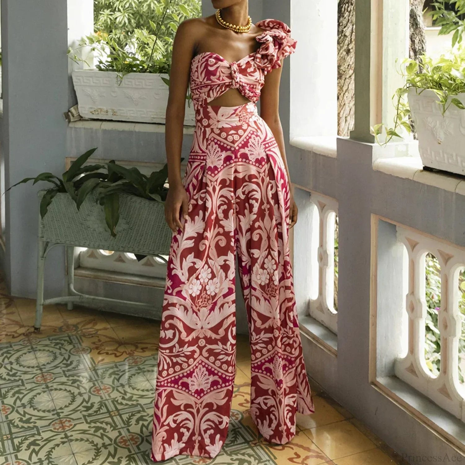 One Shoulder Print Pants Two Piece Set red Swimsuit and pants / S