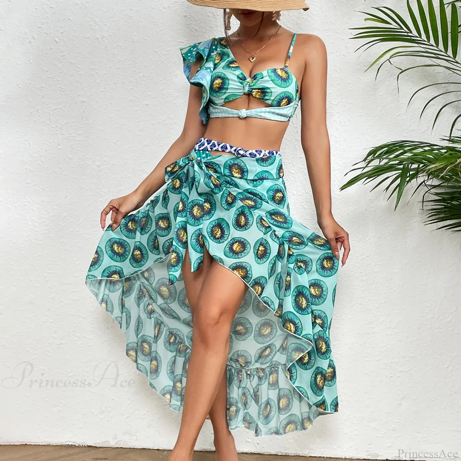 One Shoulder Ruffle Cover Up Two Piece Set green1 / S