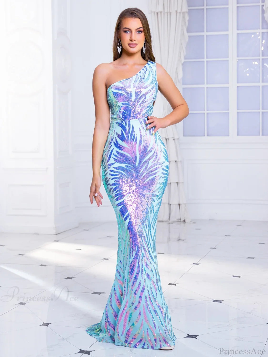 One-Shoulder Stretch Sequin Party Dress Blue / S Partydress-241208