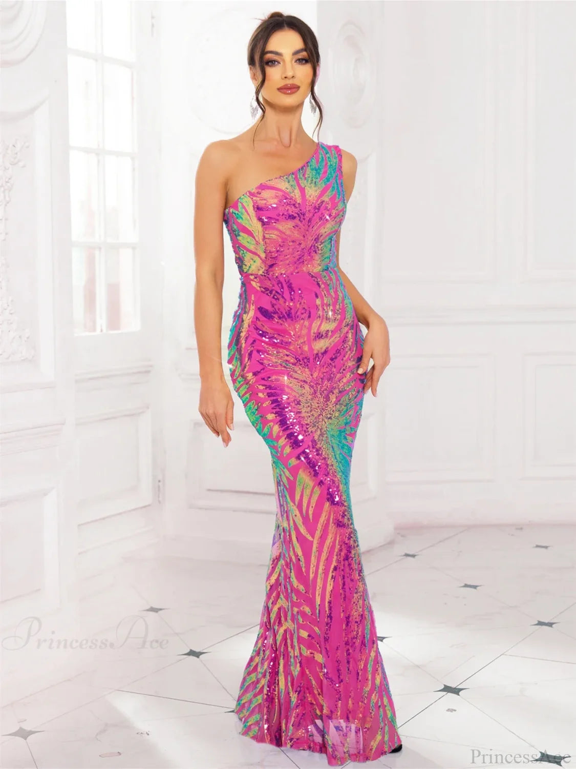 One-Shoulder Stretch Sequin Party Dress Partydress-241208