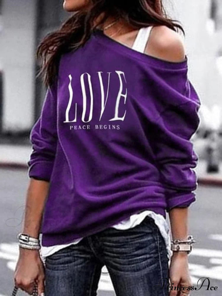 One Sweatshirt Tops Patterned Women’s Heart Shoulder Casual Pullover Top Purple Nq3013 / S