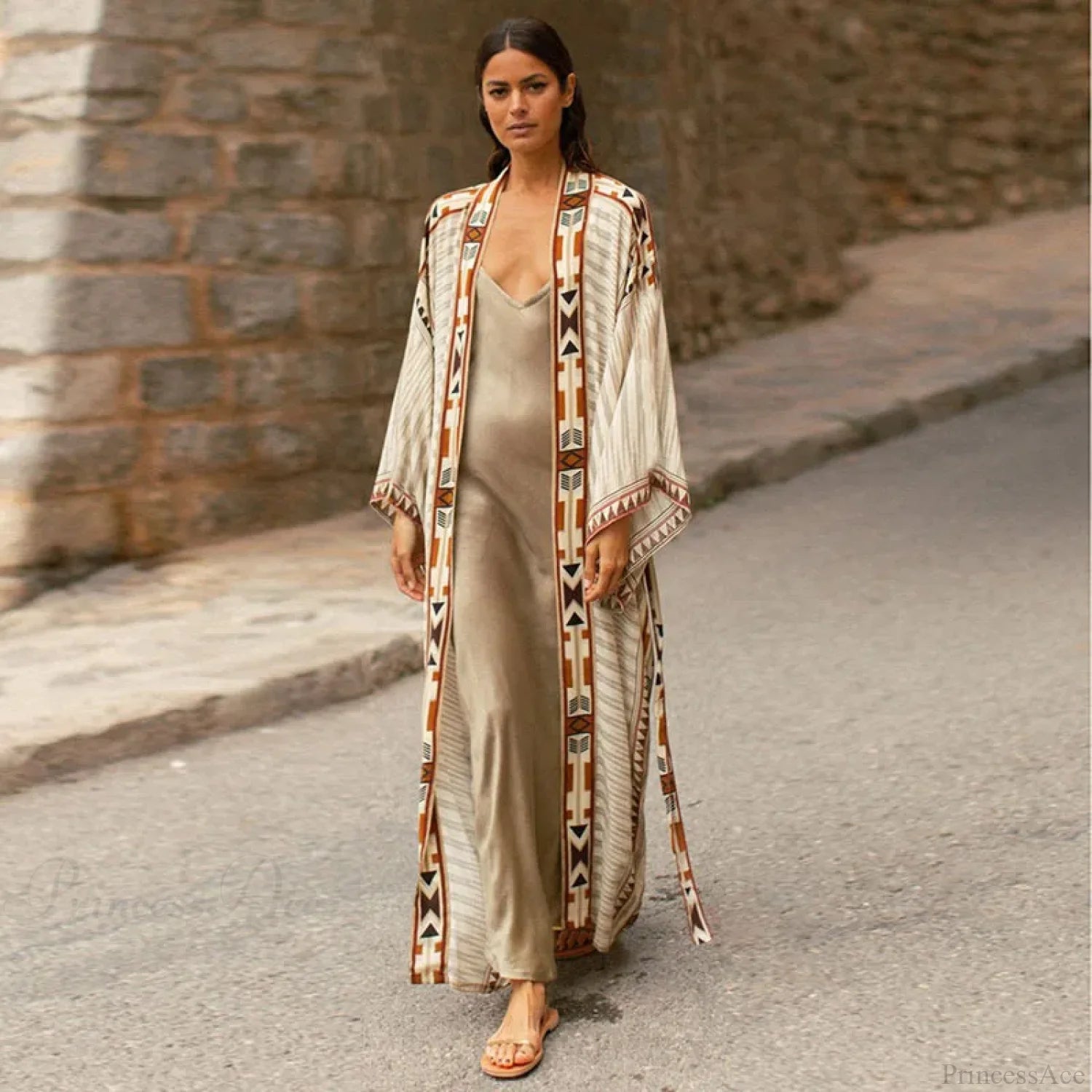 Orange Floral Cotton Kimono Beach Cover up Boho Beige / One Size bohocoverup-250126