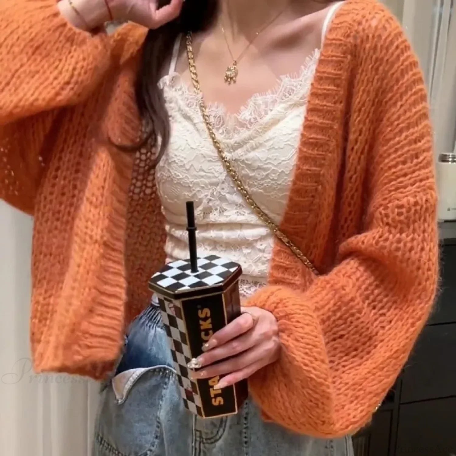 Orange Lantern Sleeve Open Stitch Loose Spring Cardigan cardiagn-250126