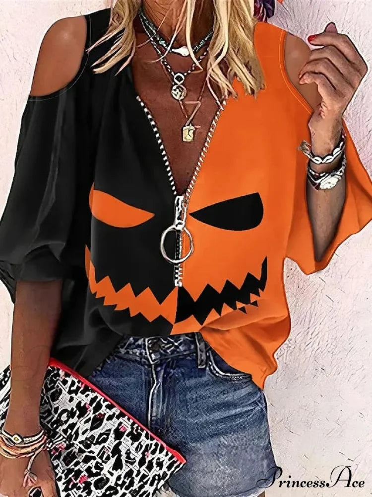Out Pumpkin 3/4 Blouse Quarter Arm Women’s Zip Cut Ghost Orange