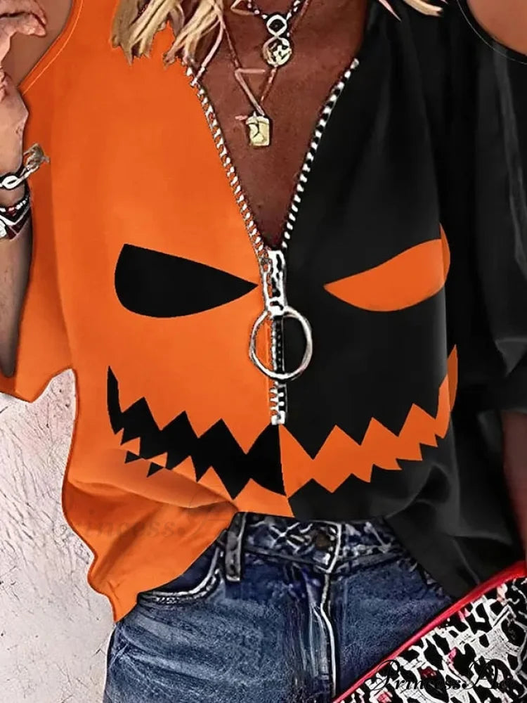Out Pumpkin 3/4 Blouse Quarter Arm Women’s Zip Cut Ghost Orange