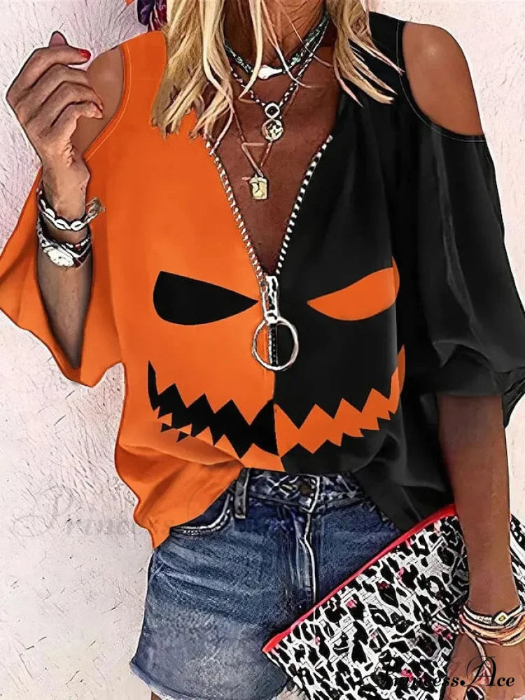 Out Pumpkin 3/4 Blouse Quarter Arm Women’s Zip Cut Ghost Orange / S