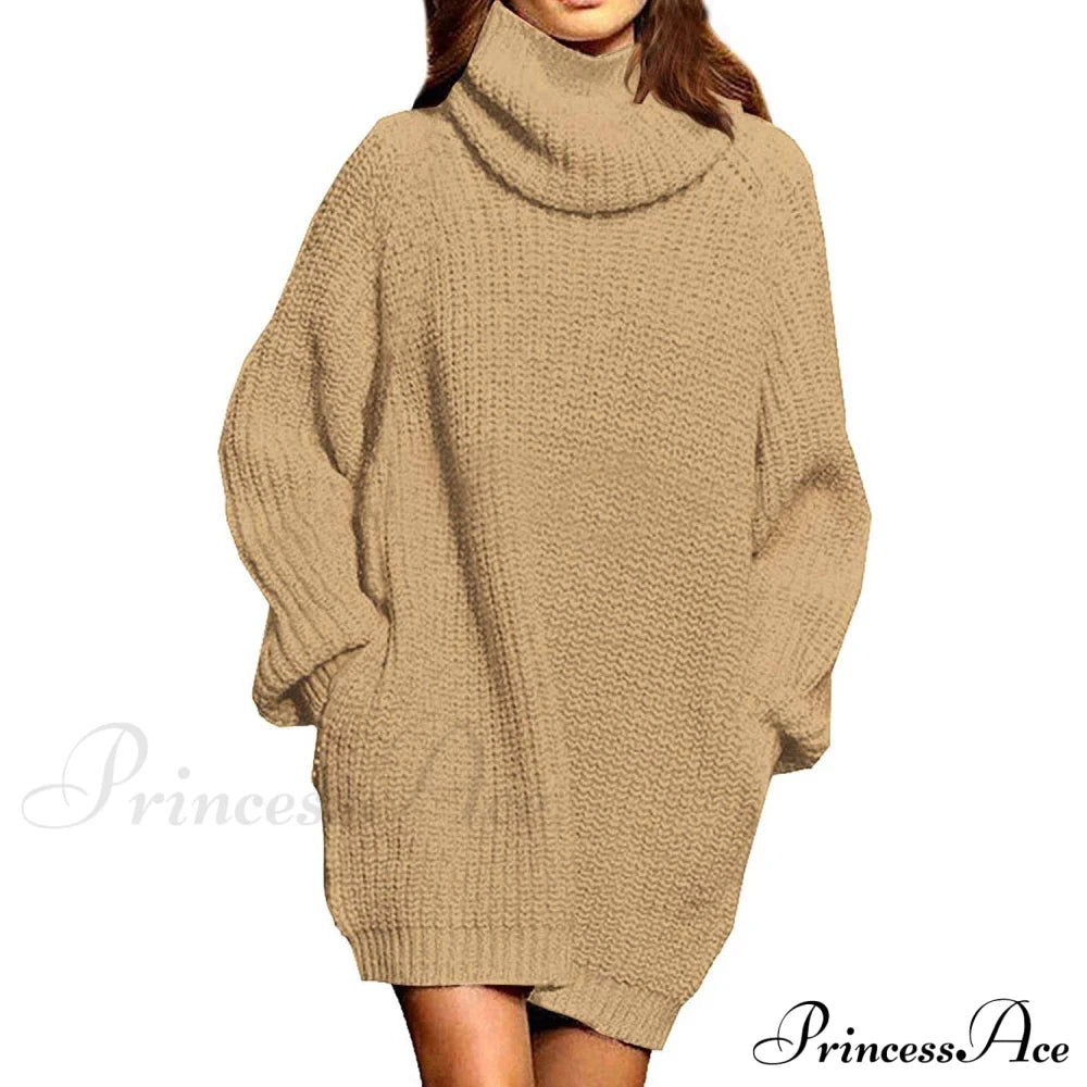 Women's Loose Turtleneck Oversize Long Pullover Sweater Dress Apricot __stock:100 casual dresses clothes dresses refund_fee:1200