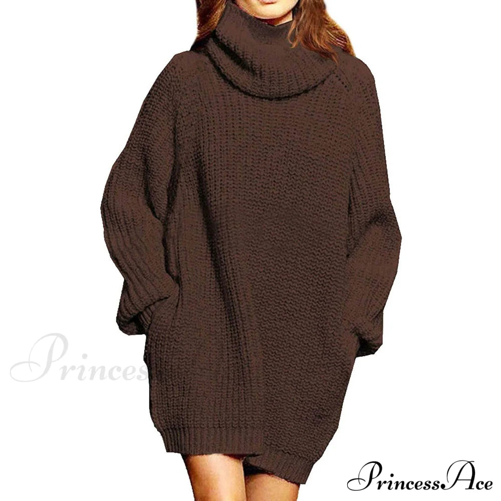 Women's Loose Turtleneck Oversize Long Pullover Sweater Dress Coffee __stock:100 casual dresses clothes dresses refund_fee:1200