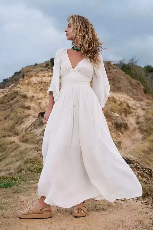 Oversized Backless Deep V Cotton Boho Dress bohodress-250126