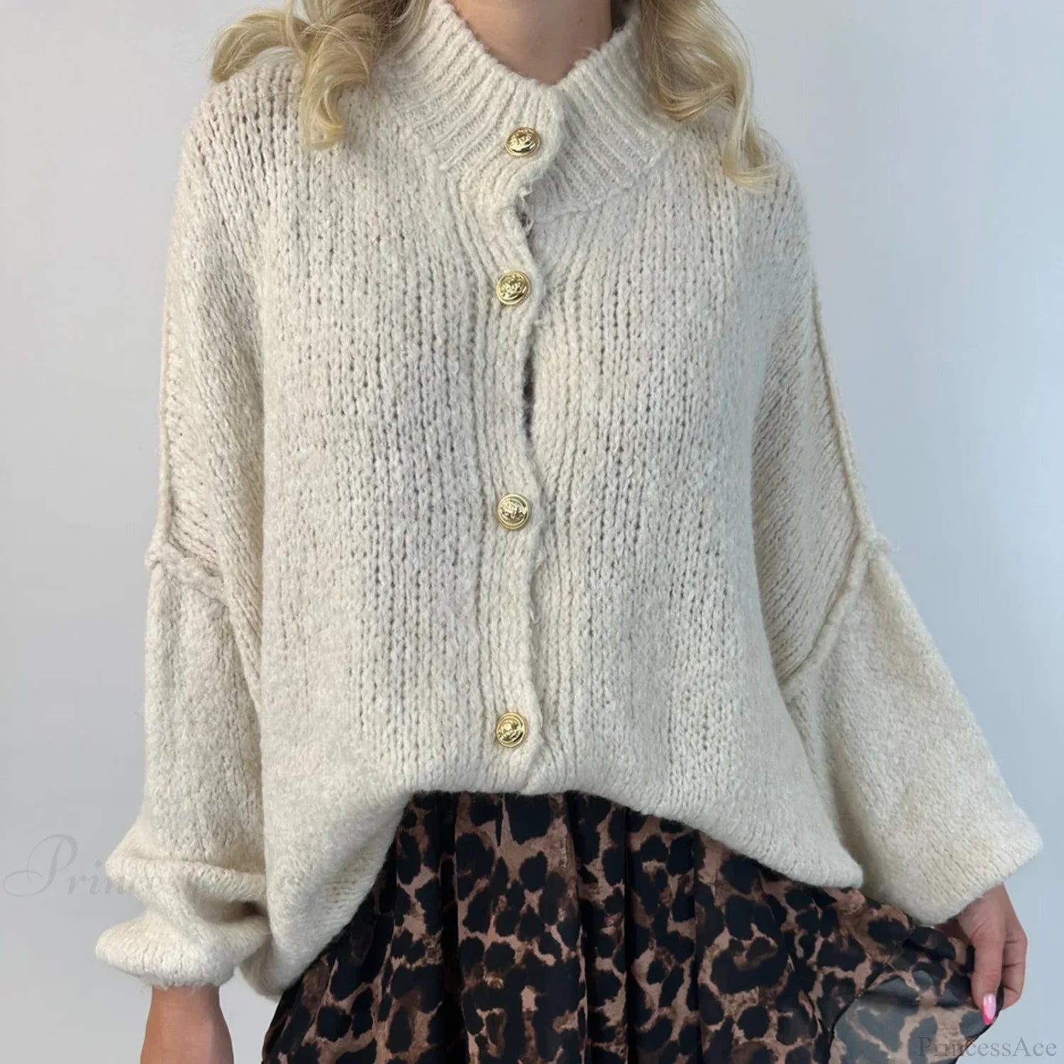 Oversized Button Down Chunky Knit Cardigan beige / S