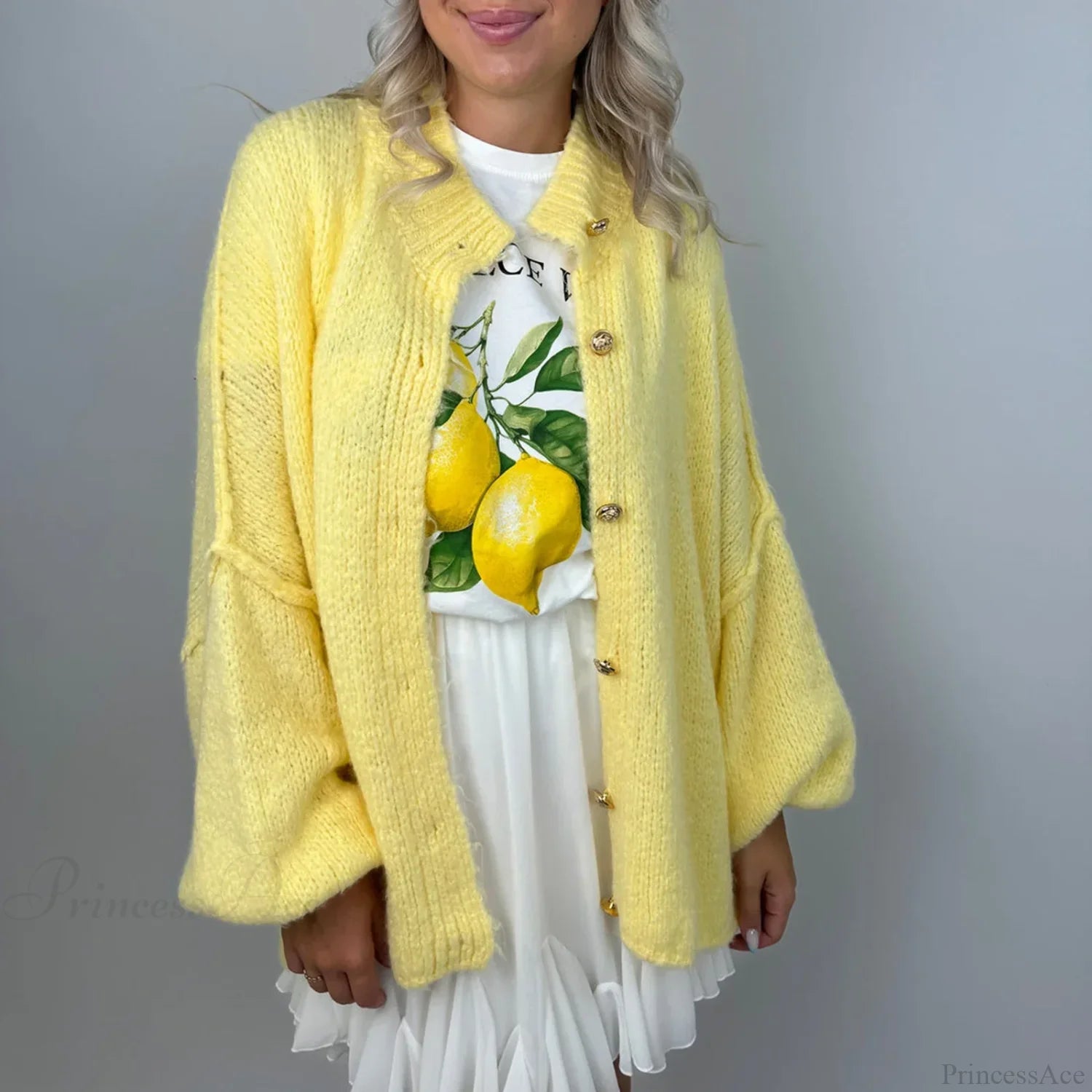 Oversized Button Down Chunky Knit Cardigan yellow / S