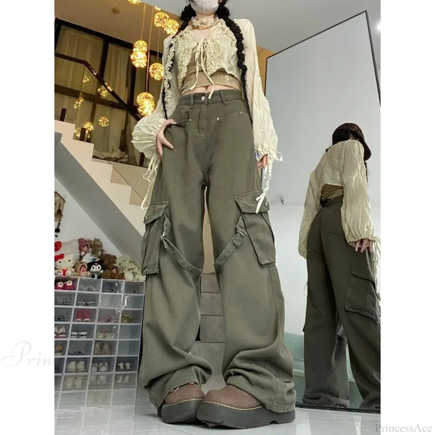 Oversized Cargo Denim Jeans Women Pants Green / S