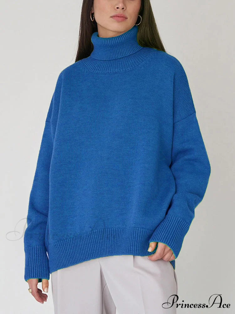 Oversized Casual Turtleneck Solid Color Pollover Sweater Blue / One Size