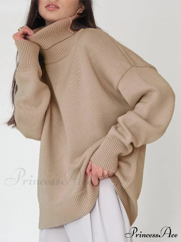 Oversized Casual Turtleneck Solid Color Pollover Sweater Khaki / One Size