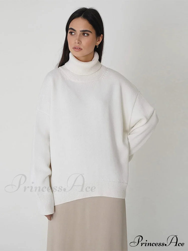 Oversized Casual Turtleneck Solid Color Pollover Sweater White / One Size
