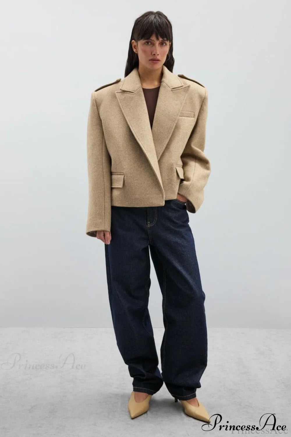 Oversized Notch Lapel Epaulette Woolen Blazer