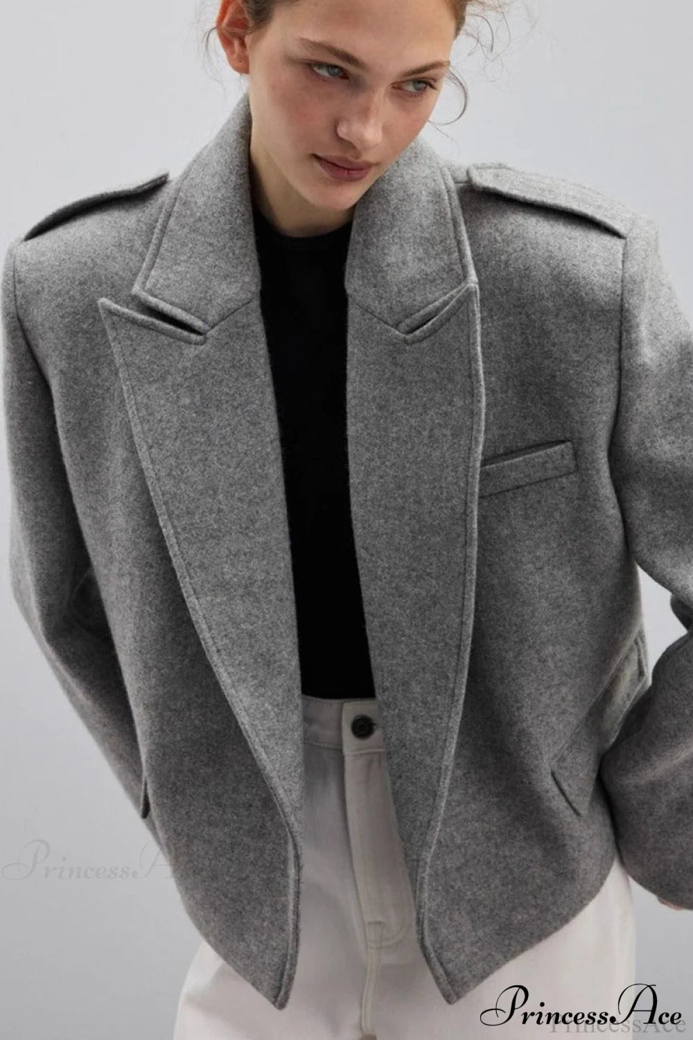 Oversized Notch Lapel Epaulette Woolen Blazer Grey / S