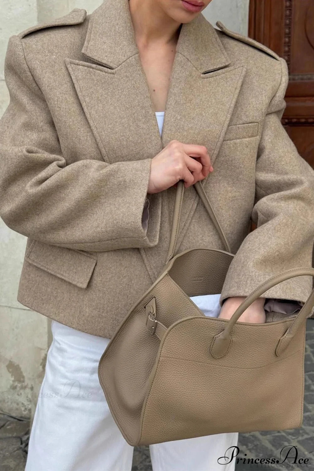 Oversized Notch Lapel Epaulette Woolen Blazer Khaki / S