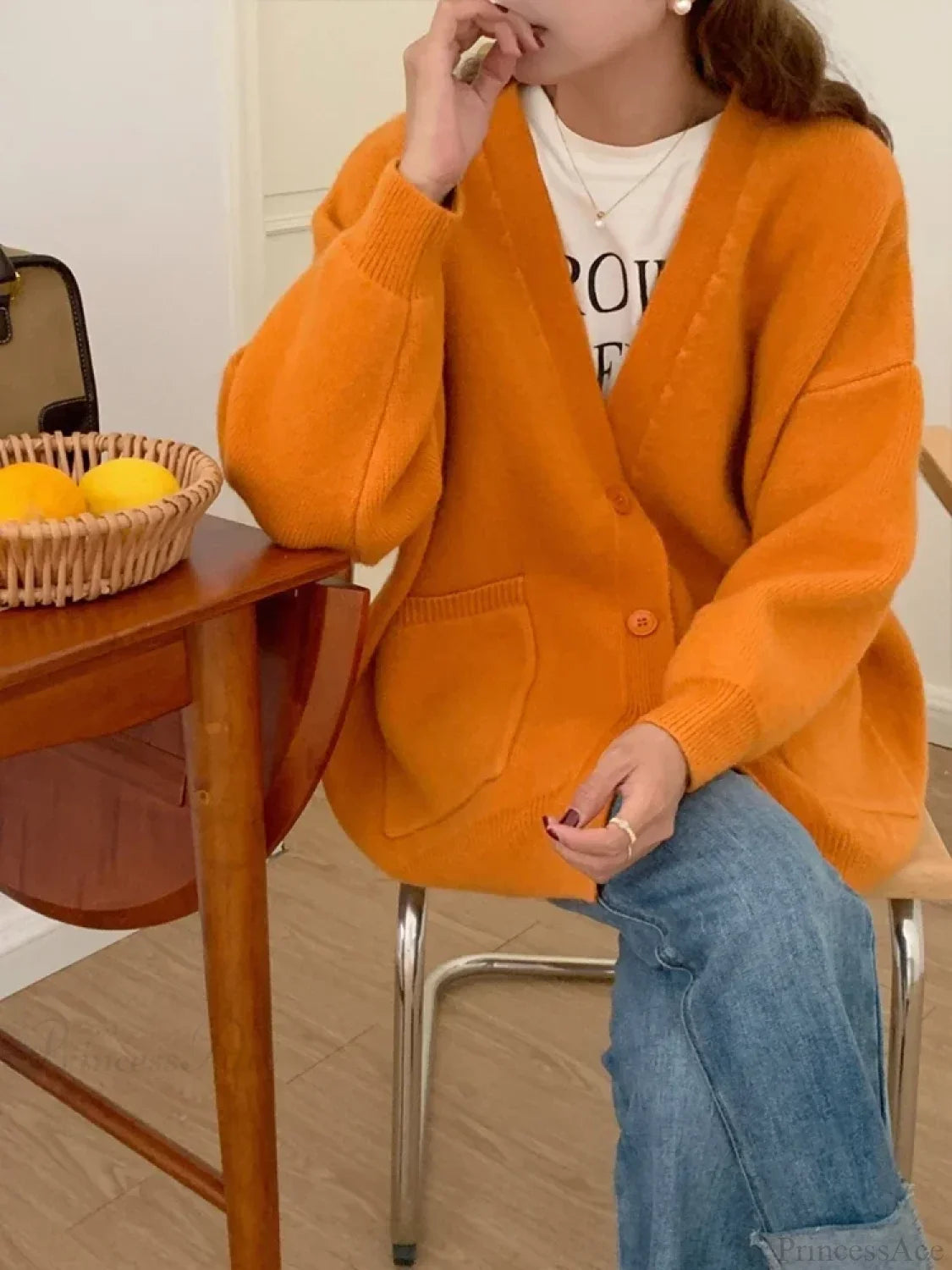 Oversized Preppy V-Neck Knitted Knit Cardigan Orange / One Size cardiagn-250126