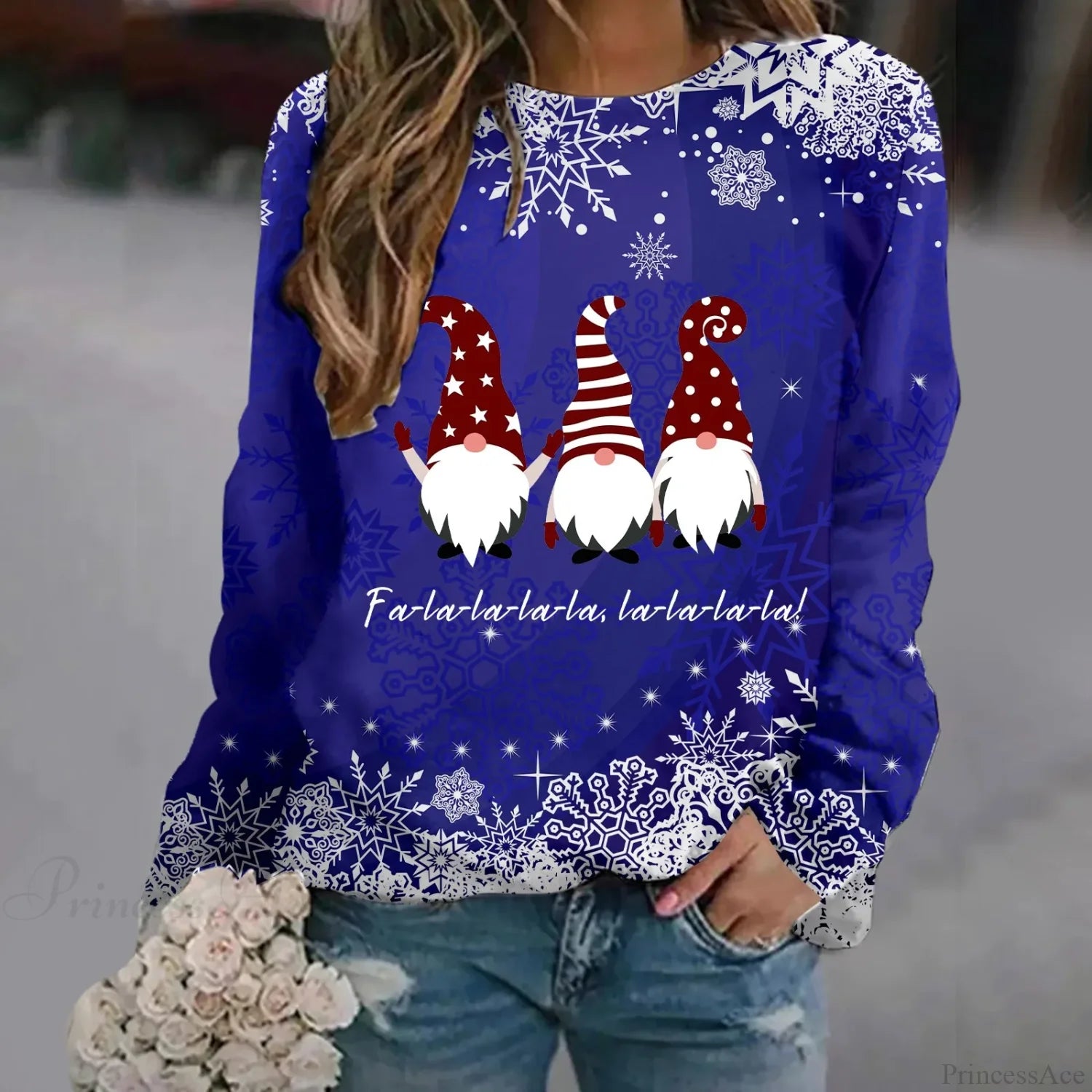 Oversized Print Crew Neck Soft Long Sleeve Casual Loose Y2K Winter Christmas Hoodie Blue-2 / S