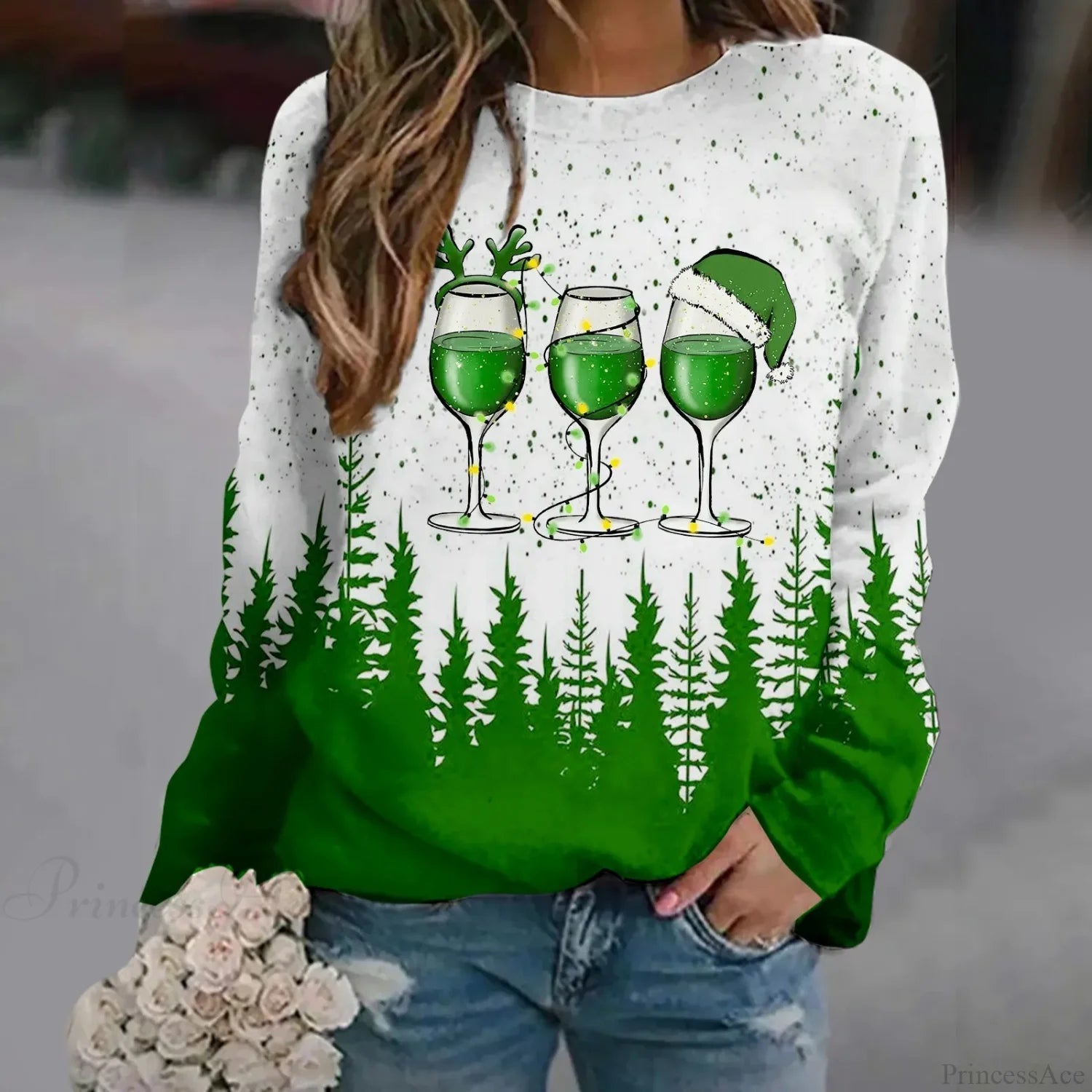Oversized Print Crew Neck Soft Long Sleeve Casual Loose Y2K Winter Christmas Hoodie Green-3 / S