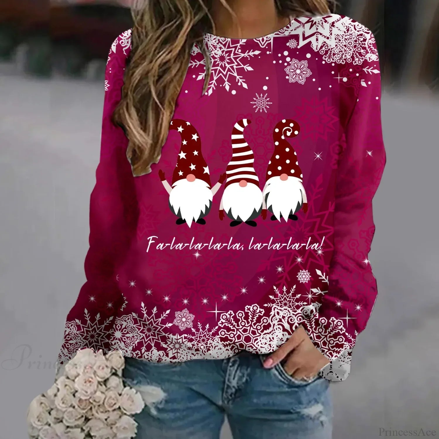 Oversized Print Crew Neck Soft Long Sleeve Casual Loose Y2K Winter Christmas Hoodie Hot Pink / S