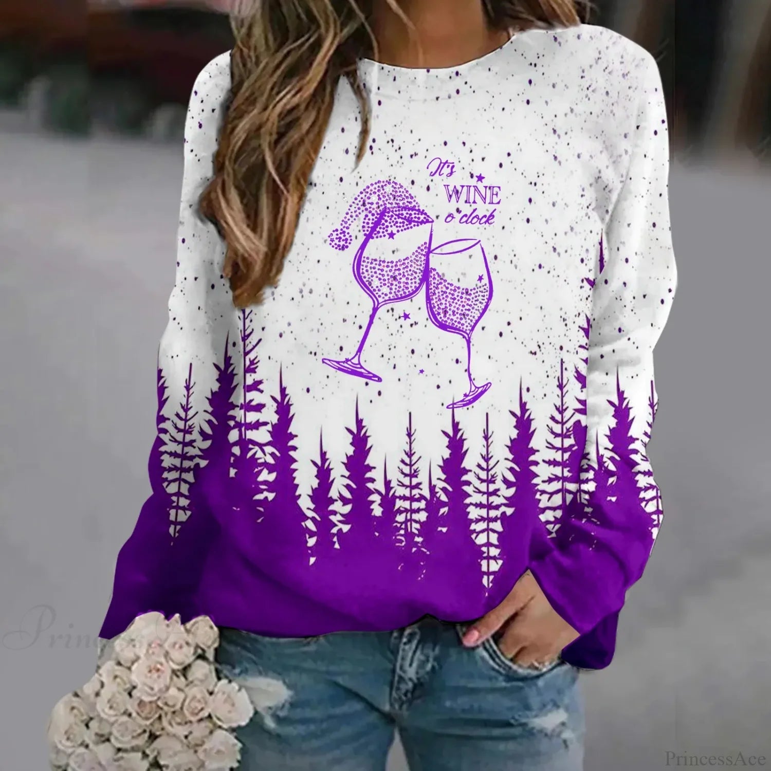 Oversized Print Crew Neck Soft Long Sleeve Casual Loose Y2K Winter Christmas Hoodie Purple-2 / S