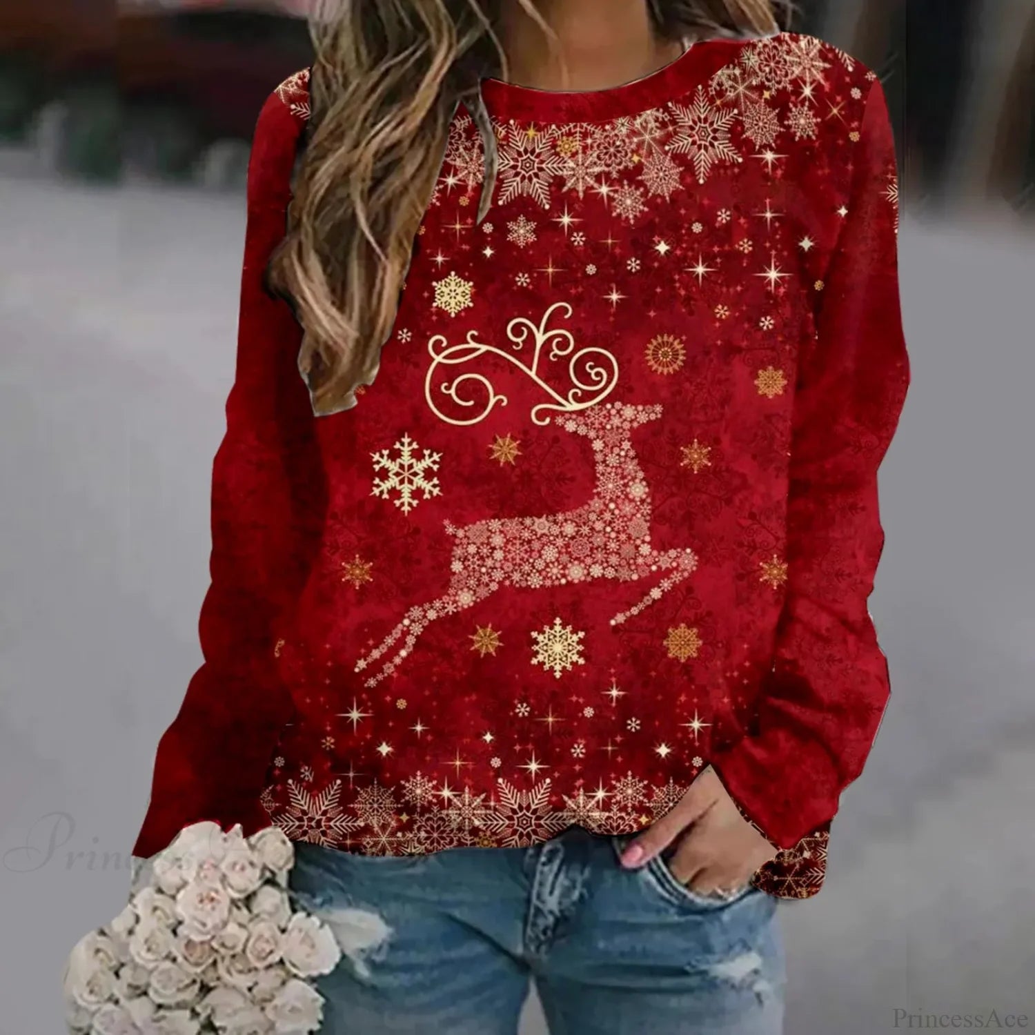 Oversized Print Crew Neck Soft Long Sleeve Casual Loose Y2K Winter Christmas Hoodie Red-2 / S