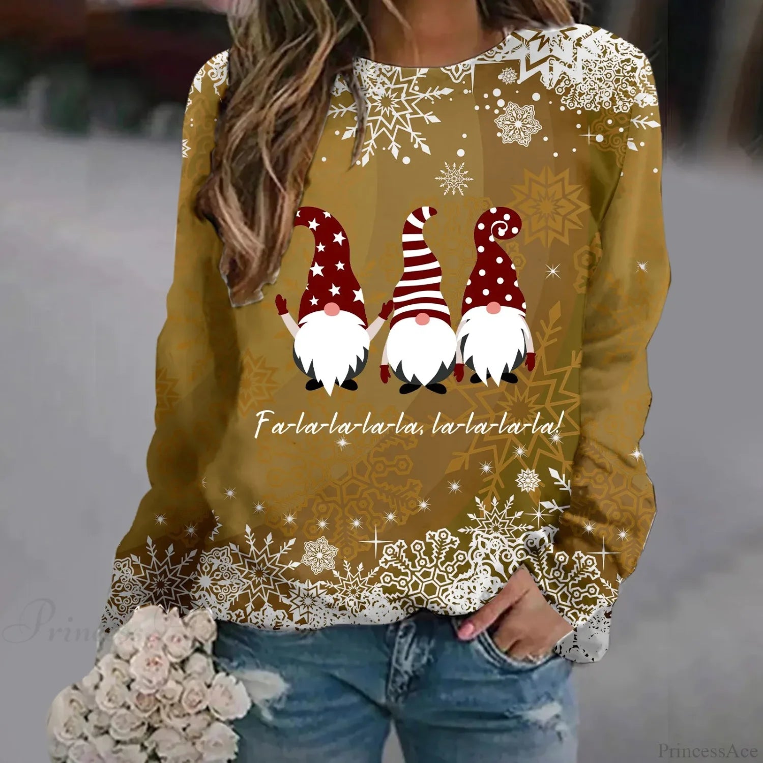 Oversized Print Crew Neck Soft Long Sleeve Casual Loose Y2K Winter Christmas Hoodie Yellow-2 / S