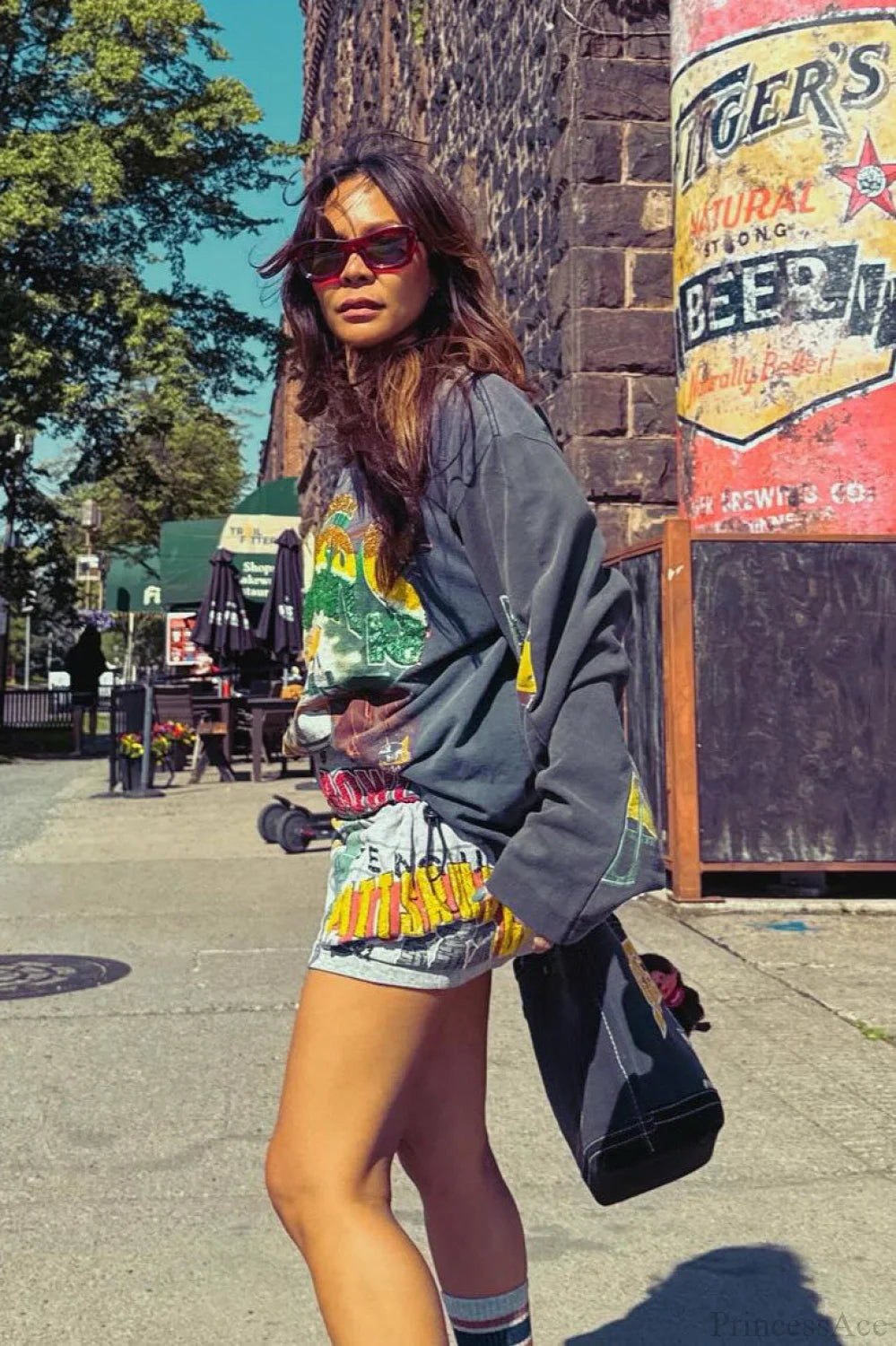 Oversized Sequin Print Retro Slouchy Long Sleeve Tee