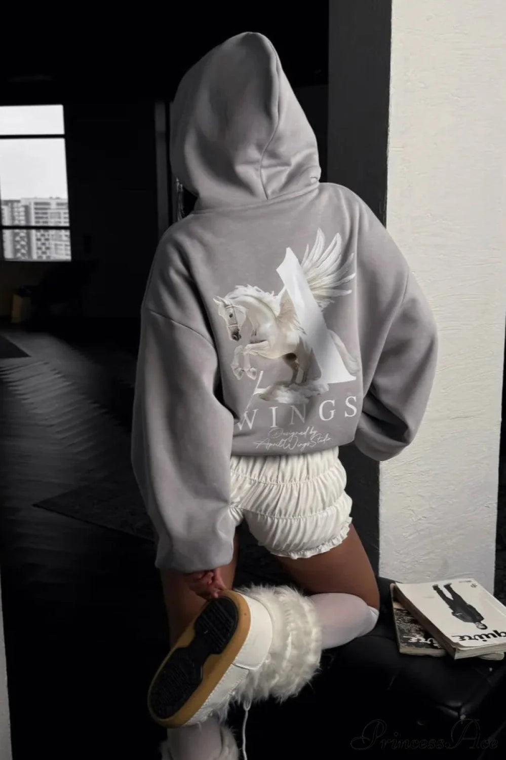 Oversized Slouchy Print Relaxed Hoodie Grey / S