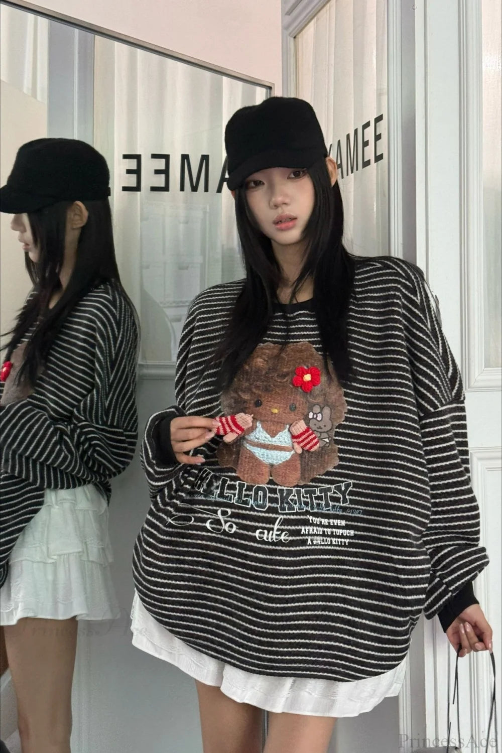 Oversized Striped Exploding Afro Hello Kitty Print Sweatshirt