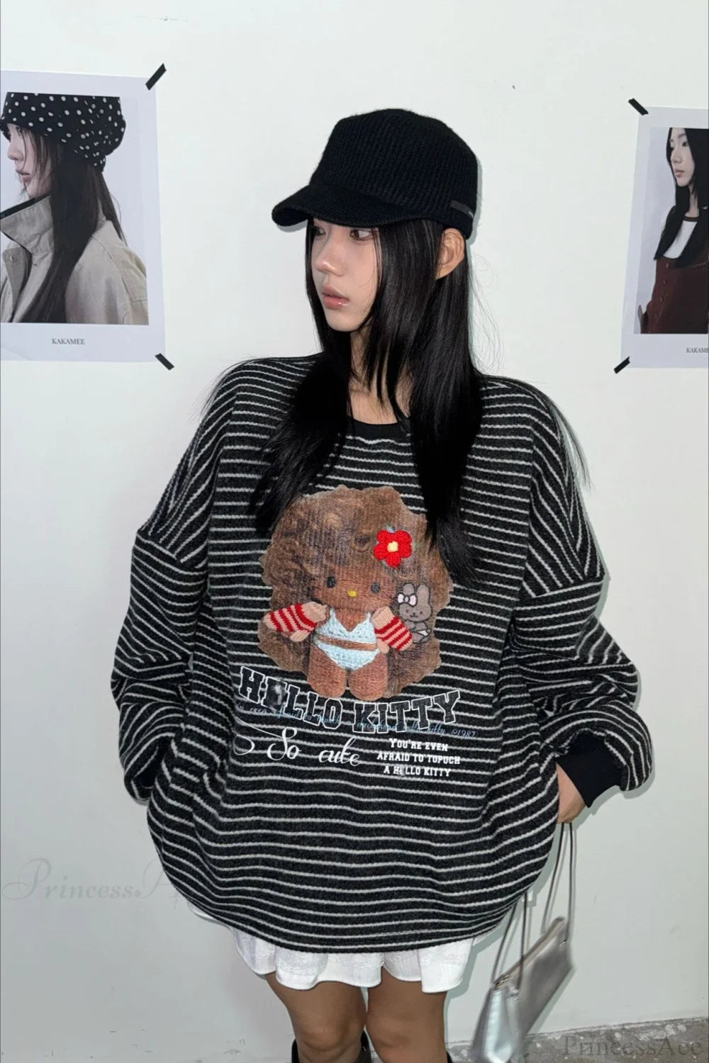 Oversized Striped Exploding Afro Hello Kitty Print Sweatshirt Black / One Size