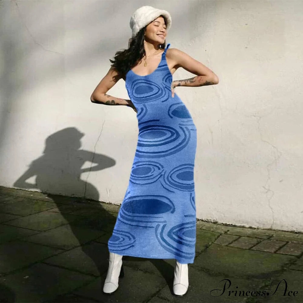 Paisley Vintage Spaghetti Fashion - Y2K Bodycon Strap Gown Coastal Party Green Vestido Blue Knitted
