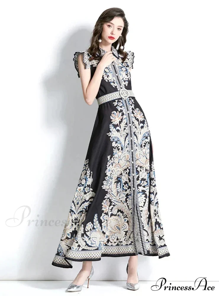 Palace Style Sleeveless Print Long Dress With Lapel M / White