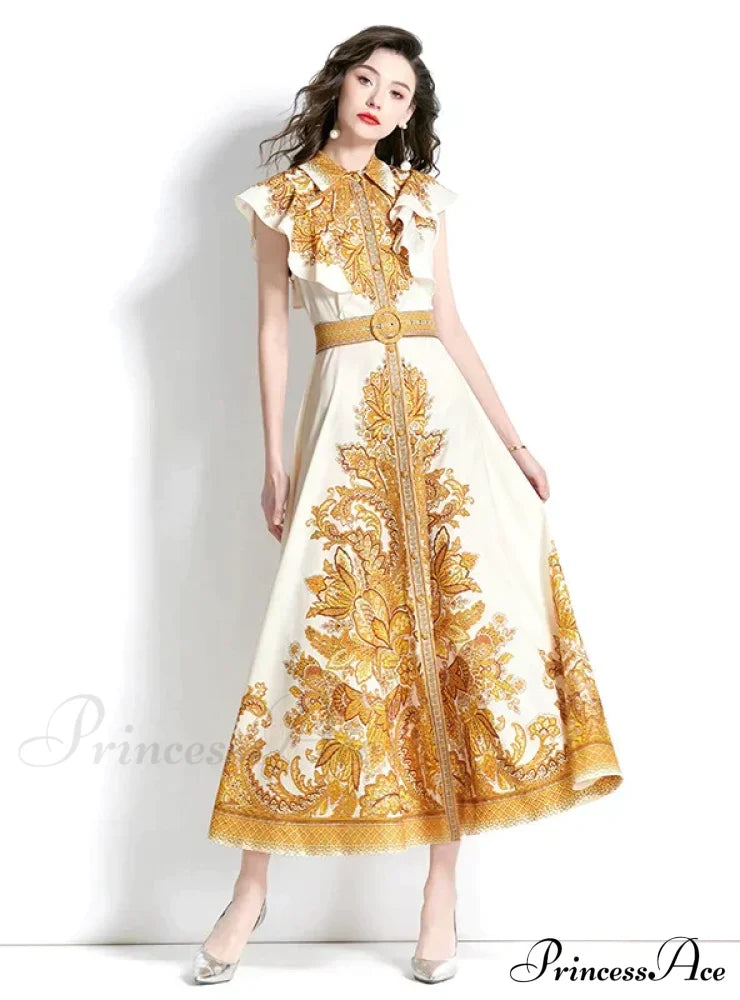 Palace Style Sleeveless Print Long Dress With Lapel S / Green