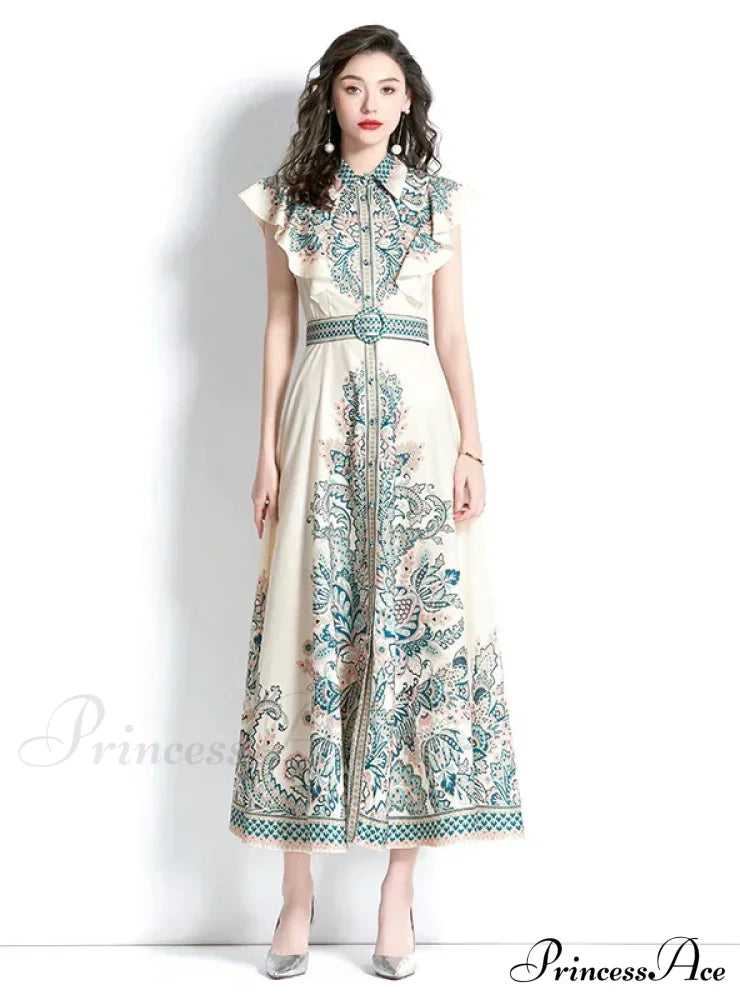 Palace Style Sleeveless Print Long Dress With Lapel S / White