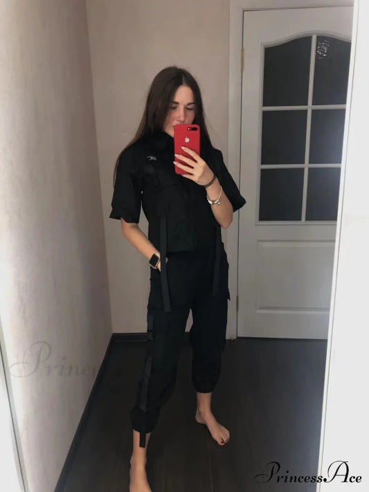 Pants Ribbon Autumn Blouse & Short-Sleeved High-Waist Streetwear Loose Cargo Straight Set