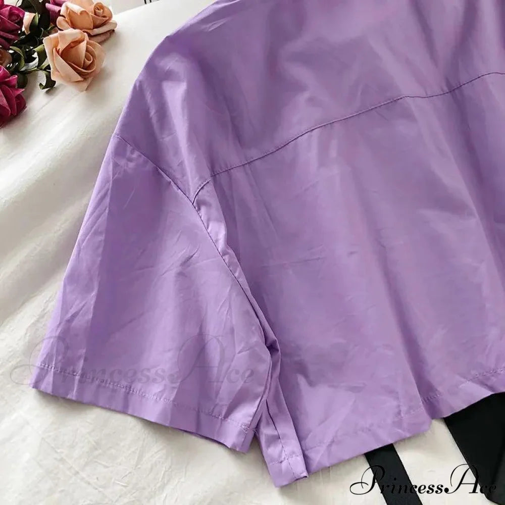 Pants Ribbon Autumn Blouse & Short-Sleeved High-Waist Streetwear Loose Cargo Straight Set