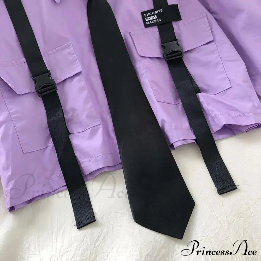 Pants Ribbon Autumn Blouse & Short-Sleeved High-Waist Streetwear Loose Cargo Straight Set